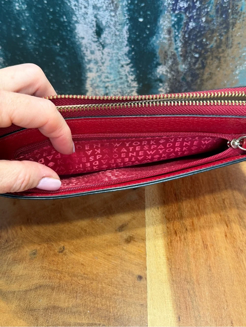 Kate Spade Classic Red Pebbled Leather Double Zip Wristlet Wallet